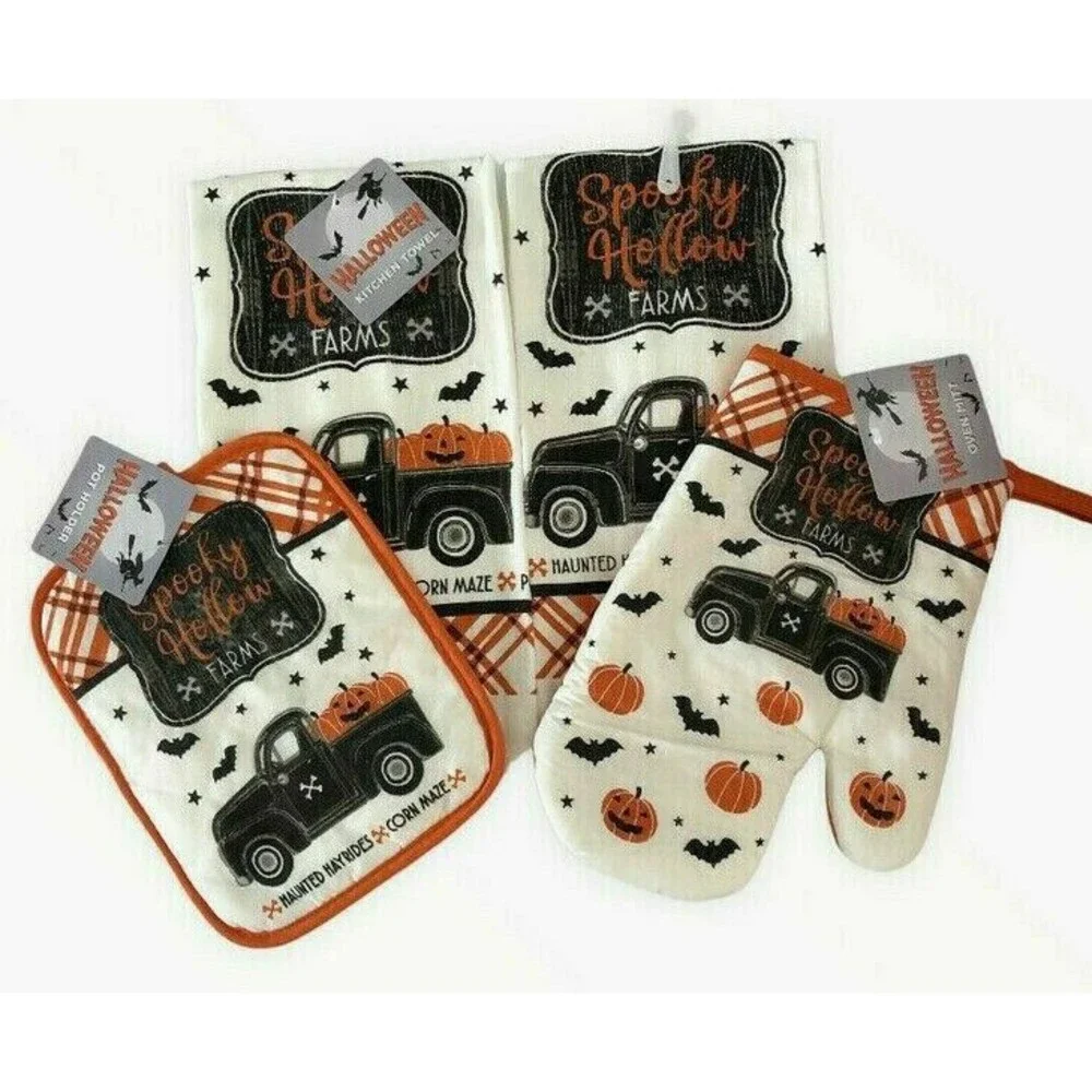 Halloween Kitchen Dish Towels Oven Mitt Potholder Set of 4 Farm Truck Pumpkins